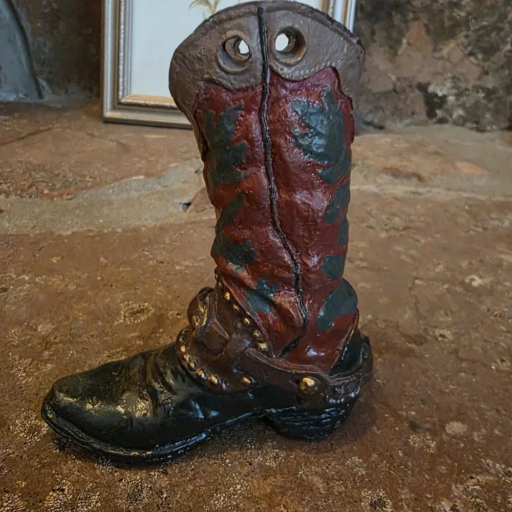 Vintage Western Cowboy Boot Figurine Red Black Star Studded Decorative Vase 4.5